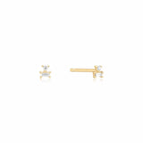 14K Solid Gold Baguette + Round Diamond Stud Earrings